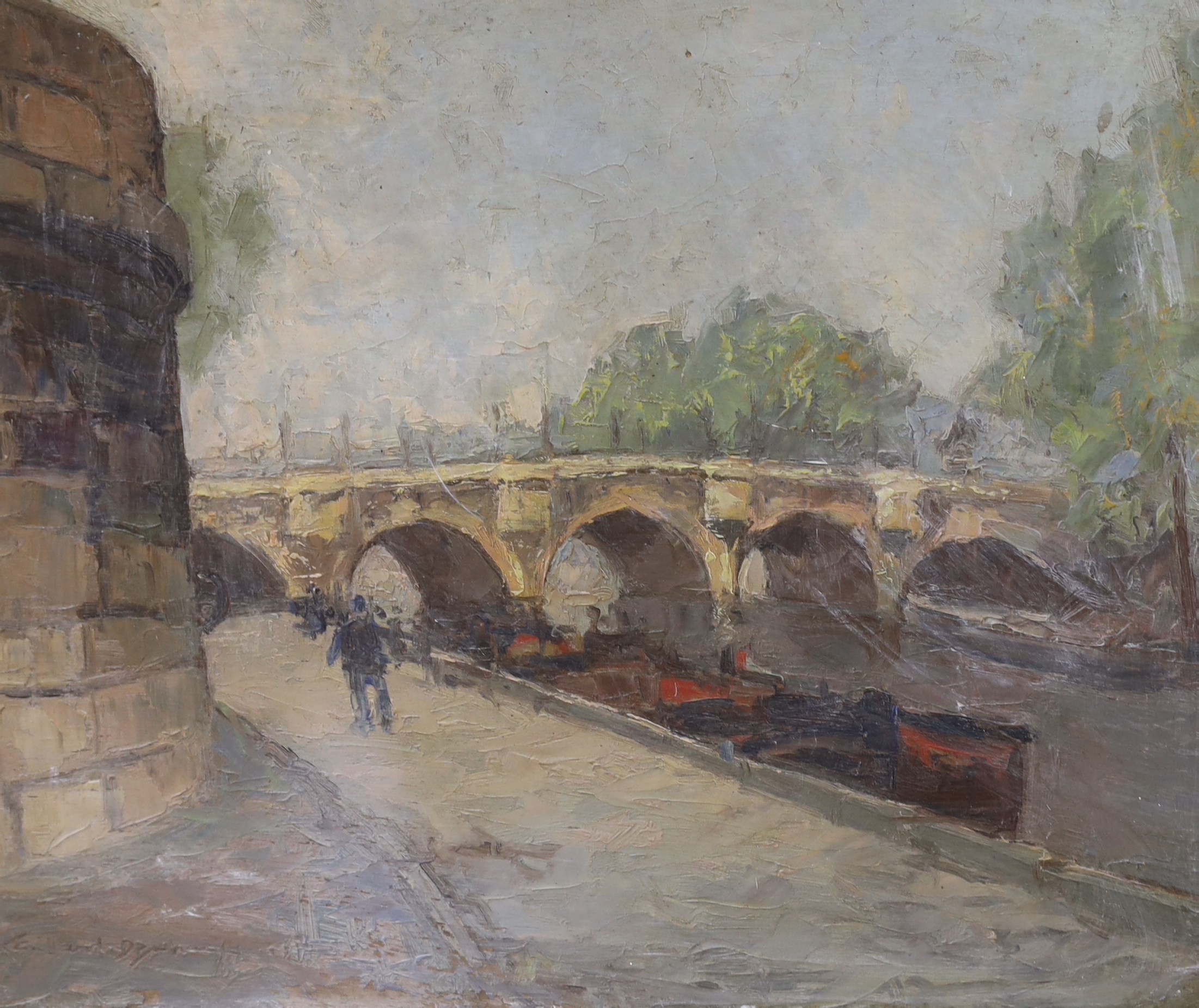 Alexander Gabriel Gaillard-Deschamps, oil on board, Bridge over the Seine, indistinctly signed, 32 x 40cm